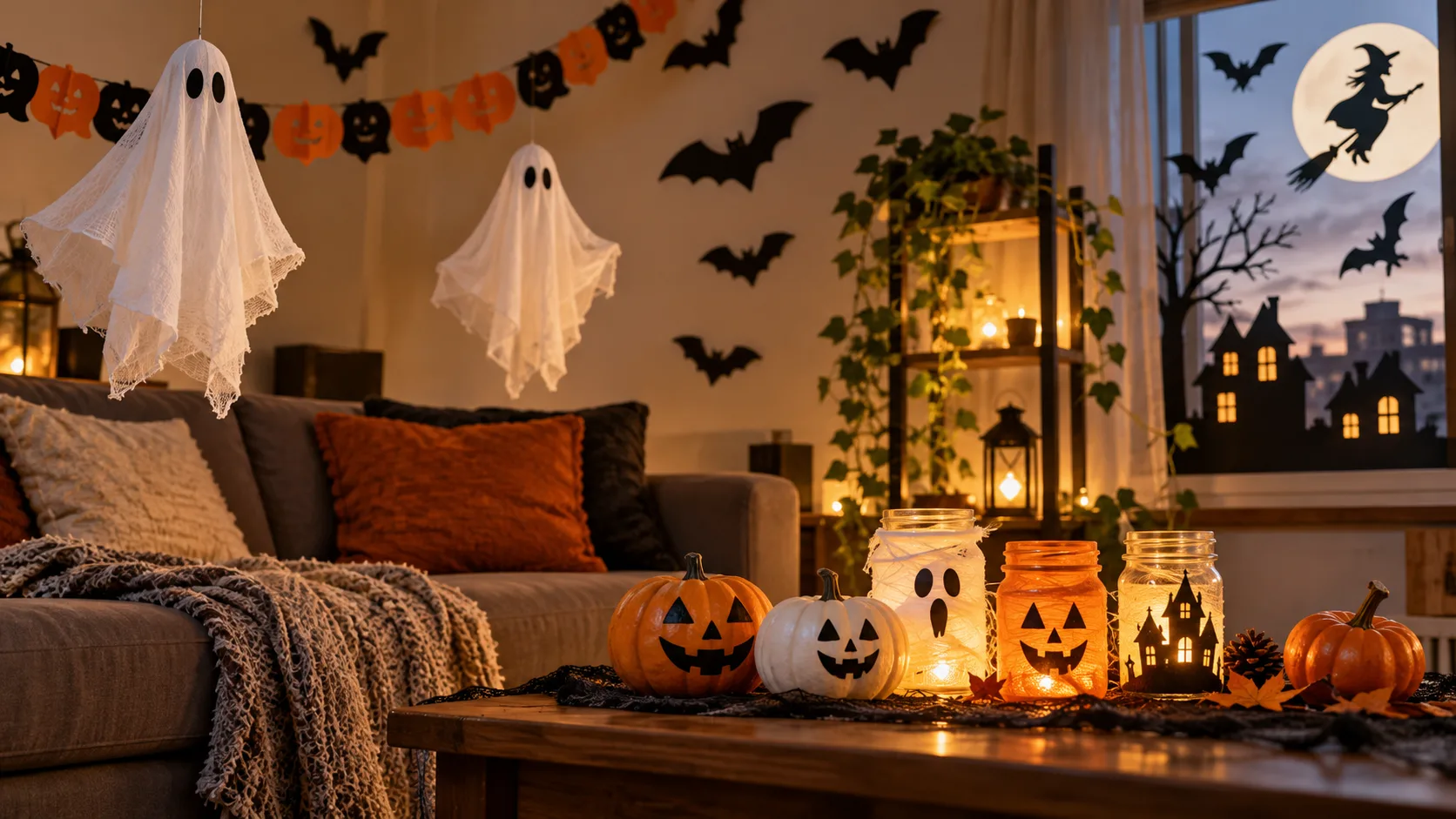 Ilustración de una sala decorada para Halloween con fantasmas de tela, murciélagos de papel, calabazas y frascos iluminados