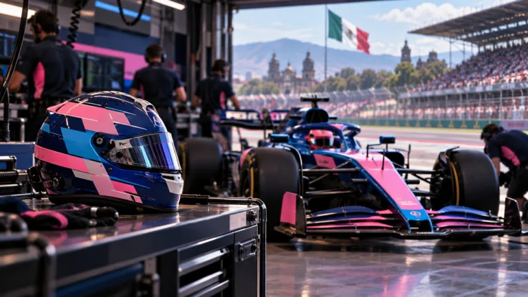 Ilustración conceptual de un monoplaza azul y rosa en un garaje de Fórmula 1, con un casco en primer plano y una bandera mexicana al fondo