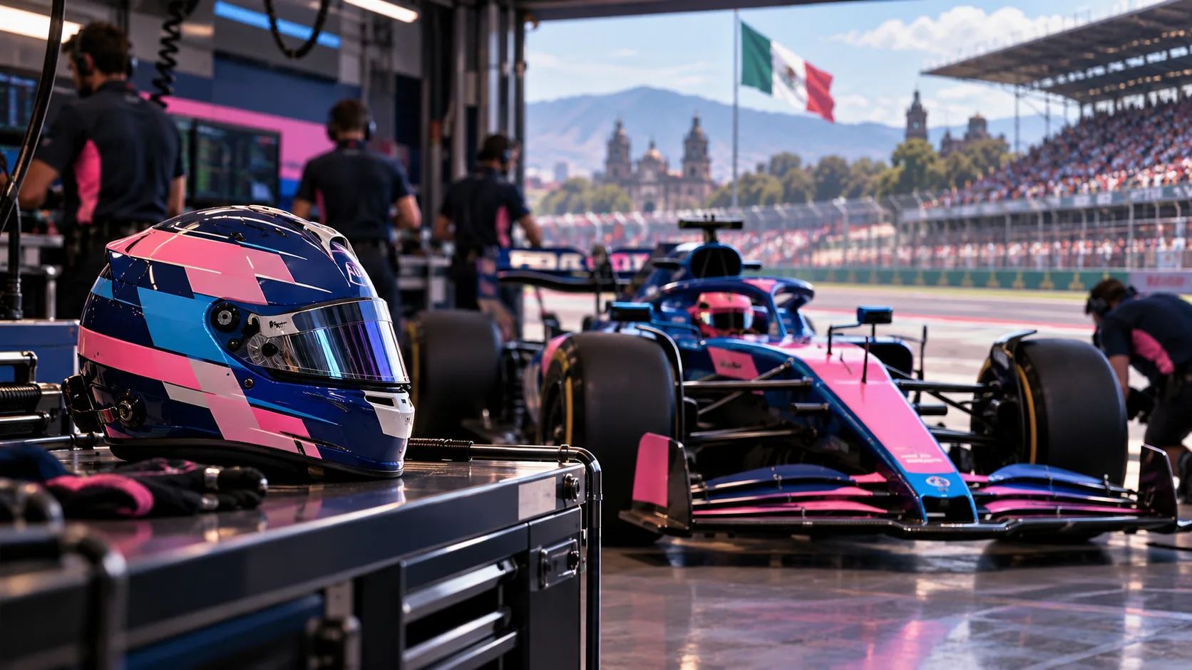 Ilustración conceptual de un monoplaza azul y rosa en un garaje de Fórmula 1, con un casco en primer plano y una bandera mexicana al fondo