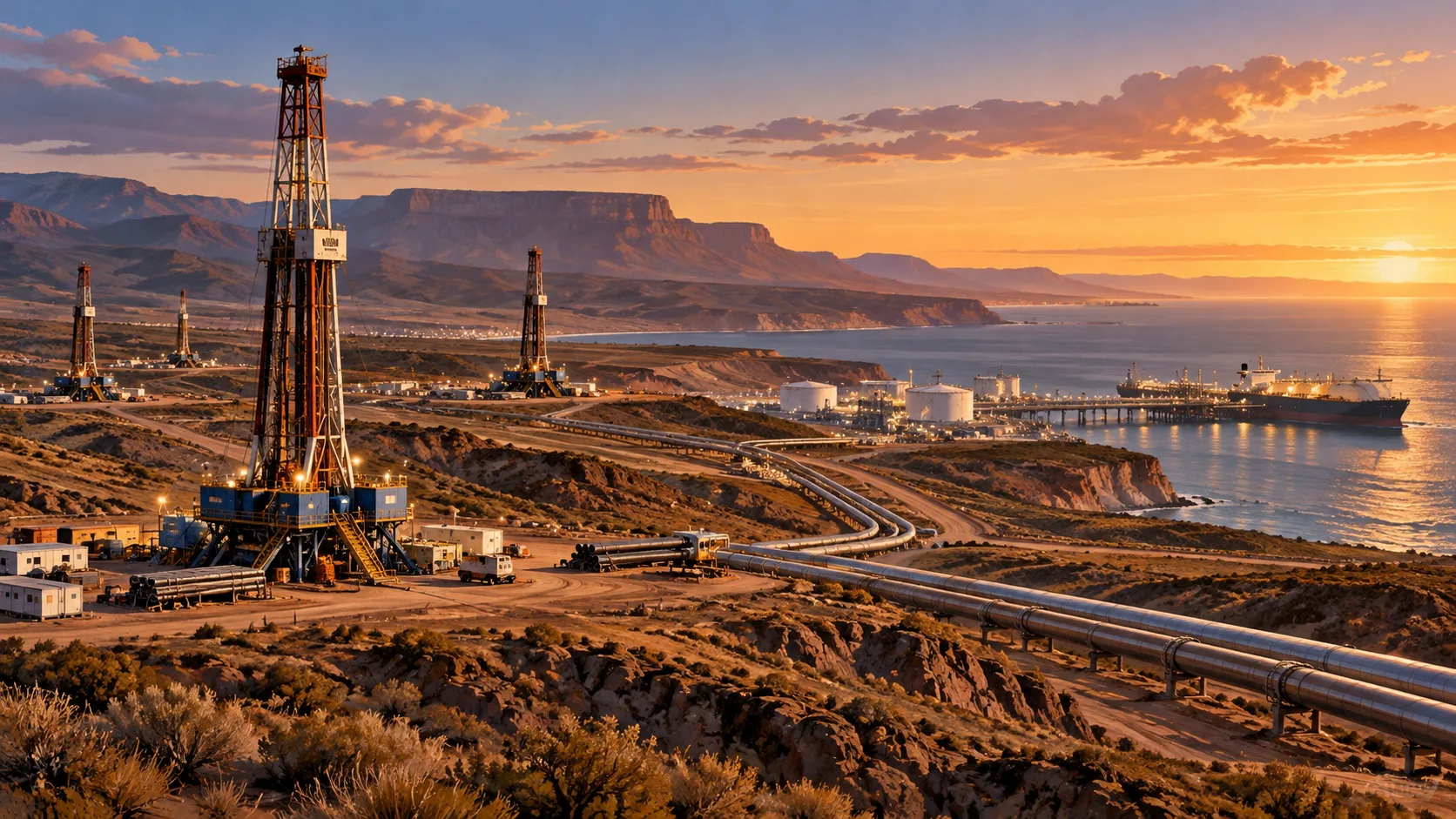 Ilustración conceptual de perforaciones petroleras, oleoductos y terminal exportadora al atardecer