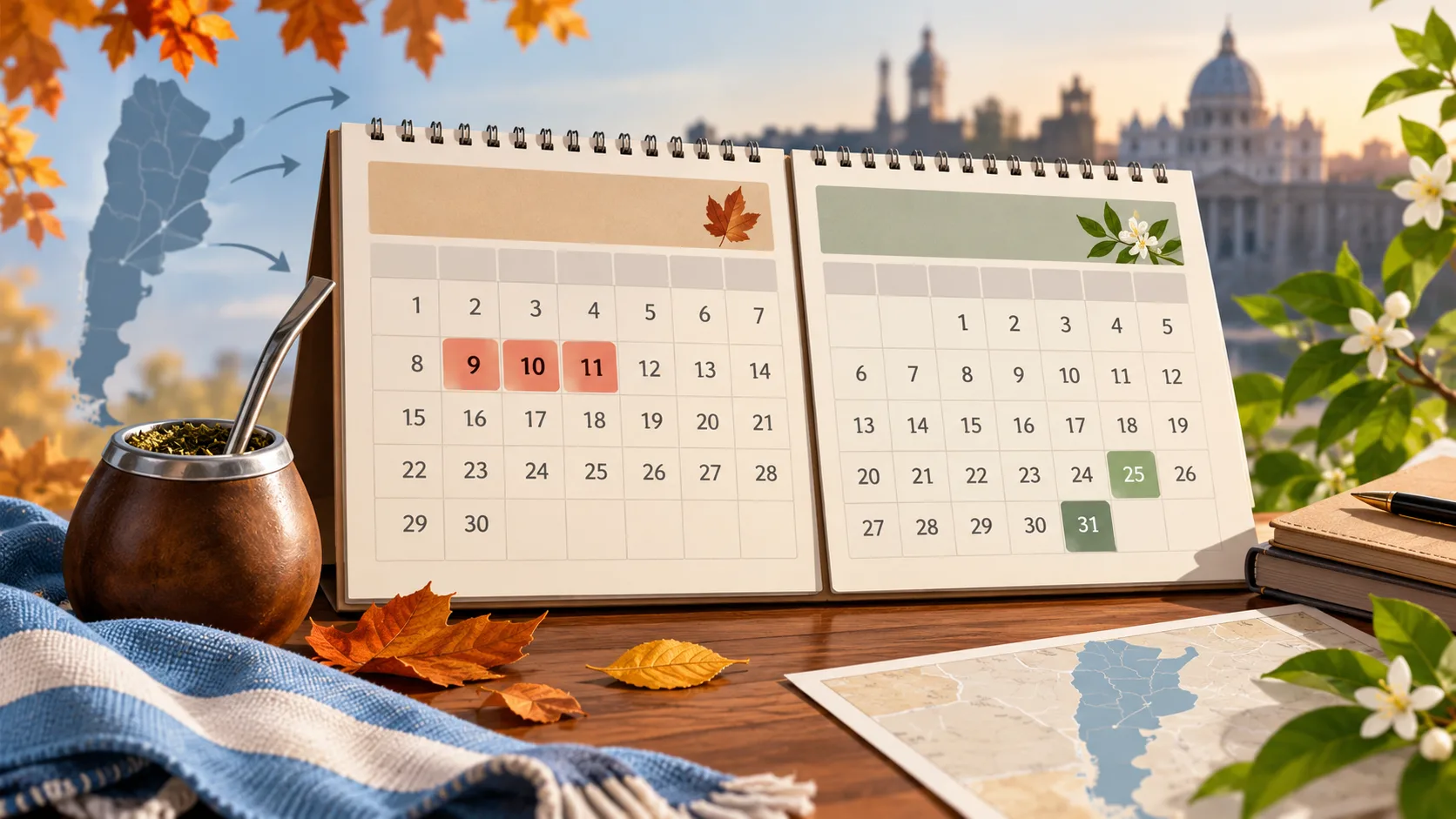 Ilustración editorial de un calendario de noviembre y diciembre con fechas señaladas y elementos argentinos.