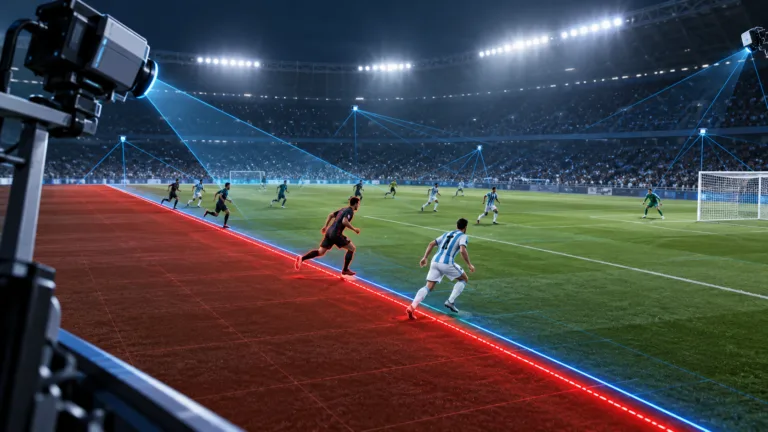 Ilustración digital de una jugada de fútbol analizada con cámaras y líneas de fuera de juego
