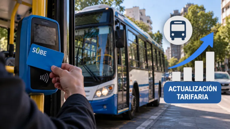 Ilustración editorial de un colectivo y una tarjeta SUBE para la actualización tarifaria de noviembre de 2026