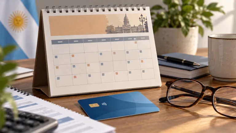Ilustración editorial de un calendario de pagos, una tarjeta bancaria y documentación sobre un escritorio.