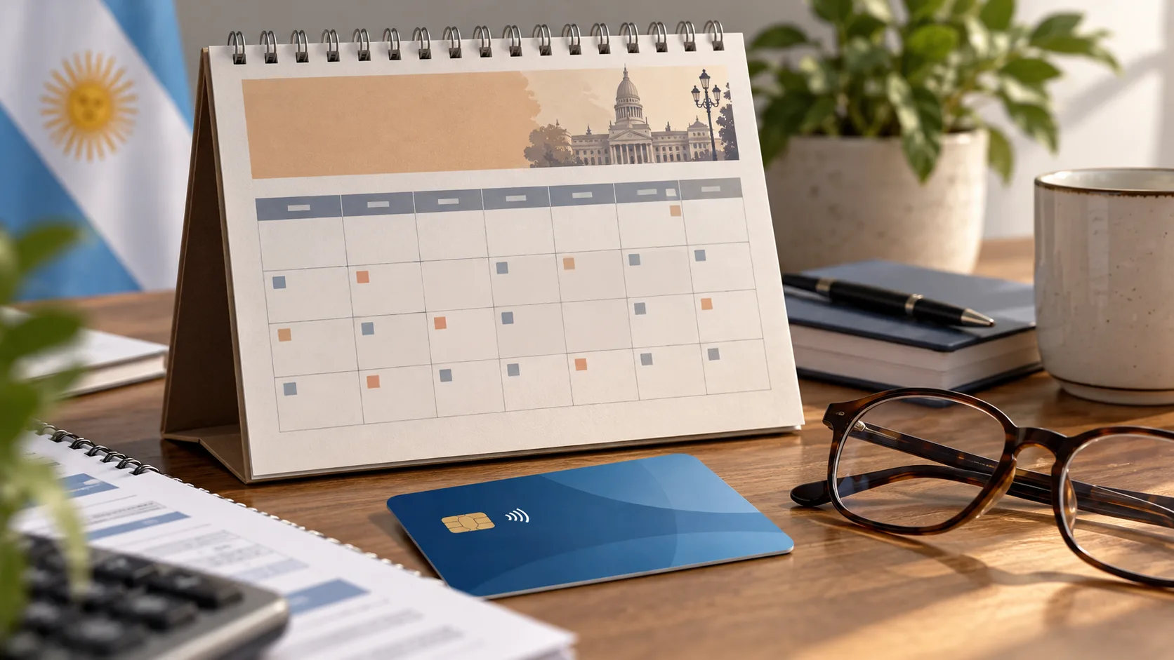 Ilustración editorial de un calendario de pagos, una tarjeta bancaria y documentación sobre un escritorio.