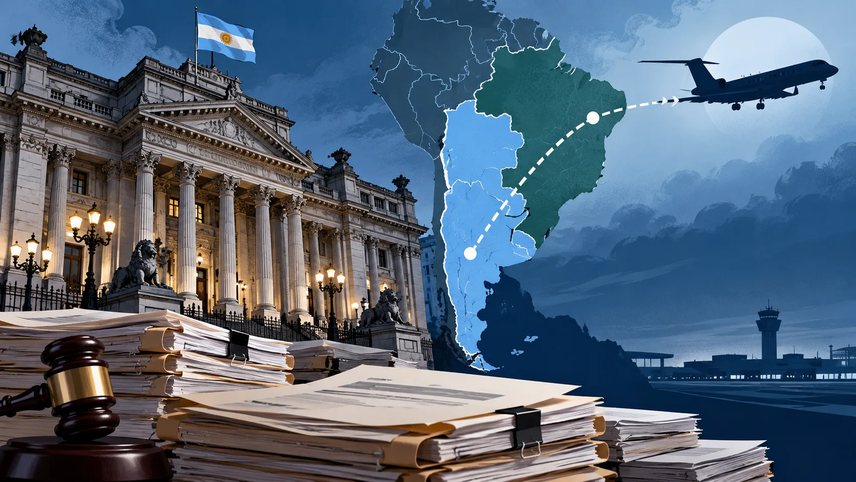 Flávio Bolsonaro . Ilustración editorial con edificio judicial, expedientes, mapa de Argentina y Brasil y avión; no representa una escena documentada.