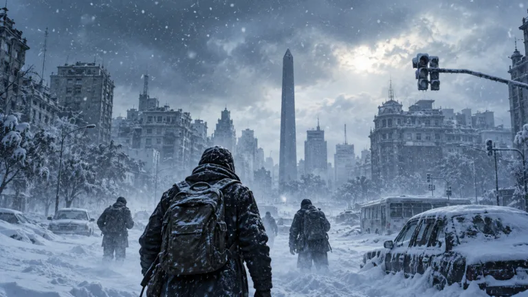 Ilustración editorial de sobrevivientes caminando por una Buenos Aires cubierta de nieve, inspirada en la ciencia ficción.
