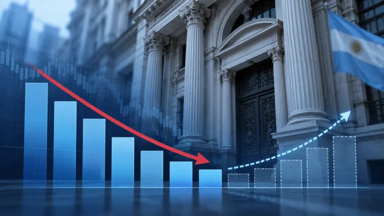 Ilustración generada con inteligencia artificial de indicadores de caída económica y una posible recuperación frente a un edificio institucional argentino.