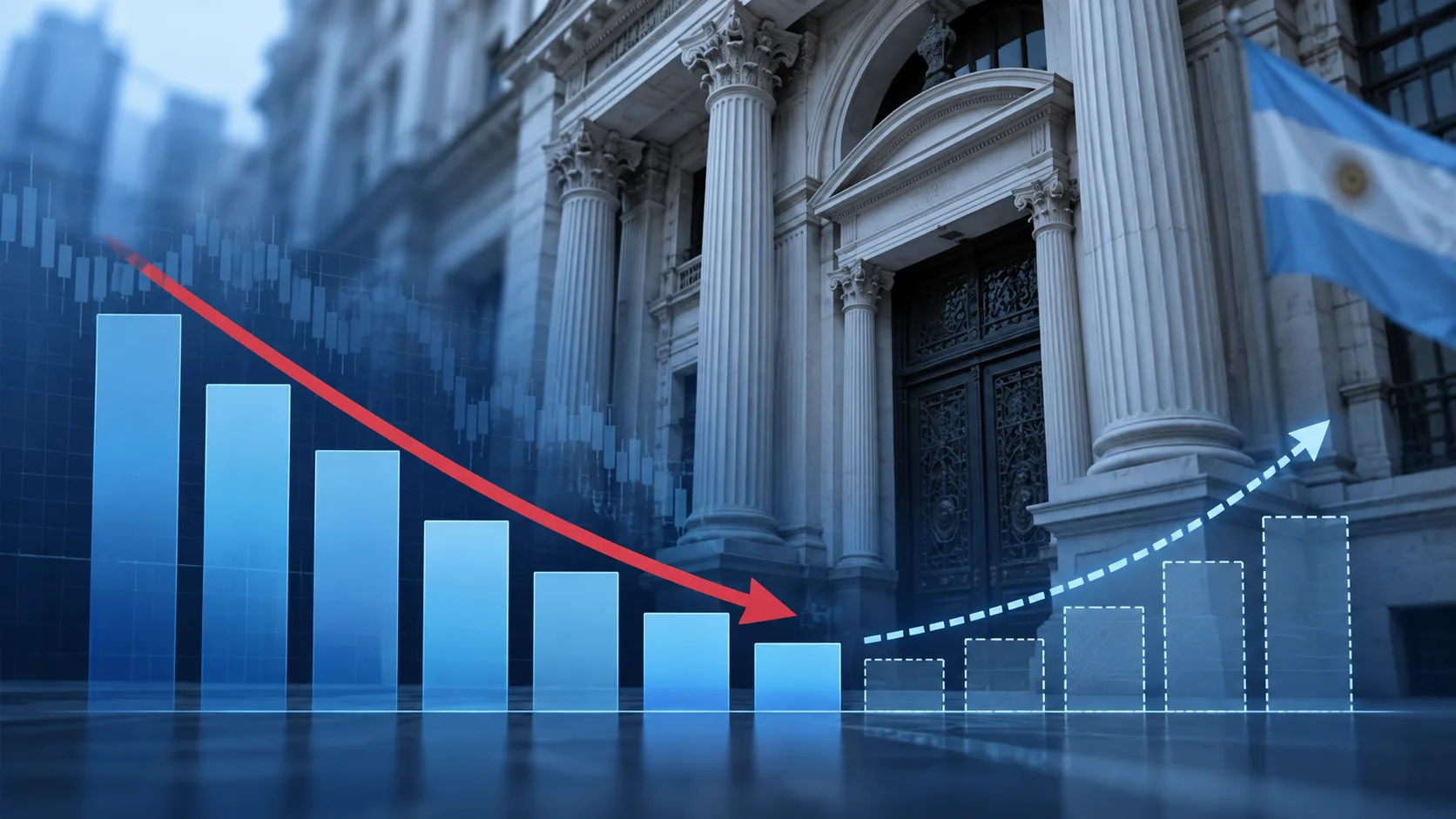 Ilustración generada con inteligencia artificial de indicadores de caída económica y una posible recuperación frente a un edificio institucional argentino.