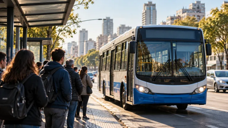 Ilustración generada con inteligencia artificial de pasajeros esperando un colectivo urbano en una parada del AMBA.