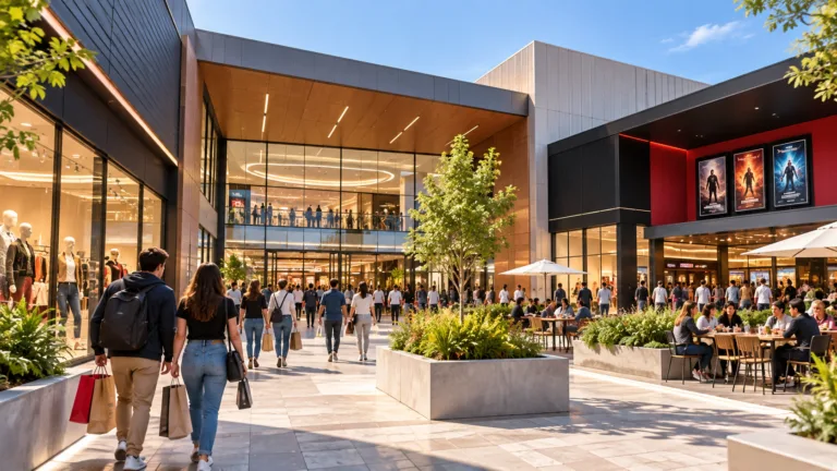 Ilustración conceptual generada con inteligencia artificial de un centro comercial con locales, cine y sector gastronómico; no representa el aspecto real de Oeste Outlet.