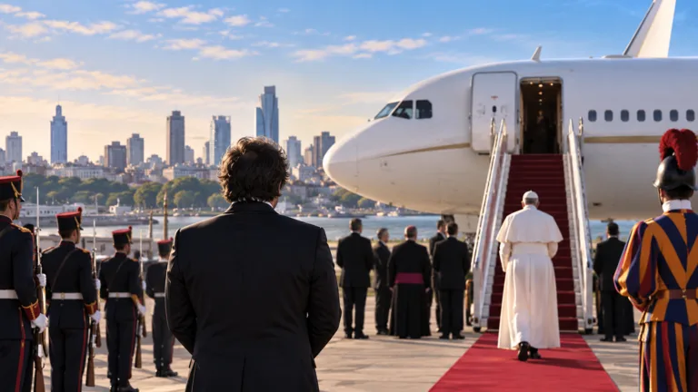 Ilustración generada con inteligencia artificial de una recepción protocolar papal en un aeropuerto, no correspondiente a un hecho real