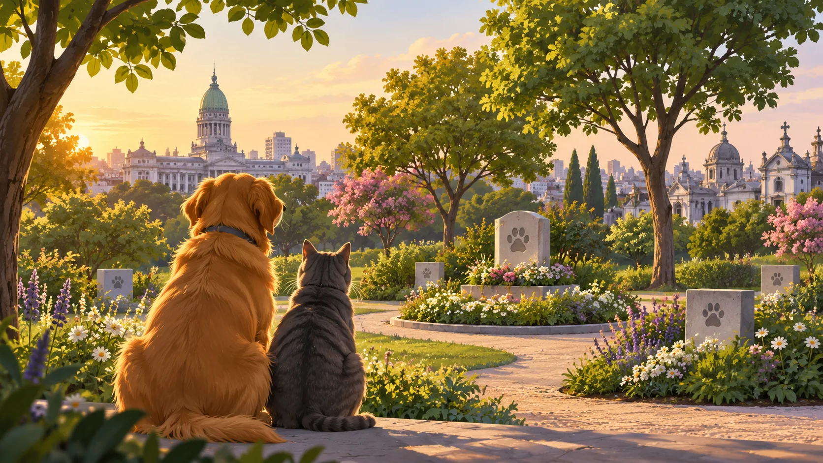 Ilustración editorial de un perro y un gato en un jardín conmemorativo para mascotas, sin representar instalaciones existentes